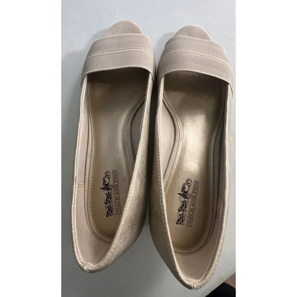 Coach and Four Louise Espadrille Wedge Beige Canvas Peep Toe Shoe Womens Sz 10